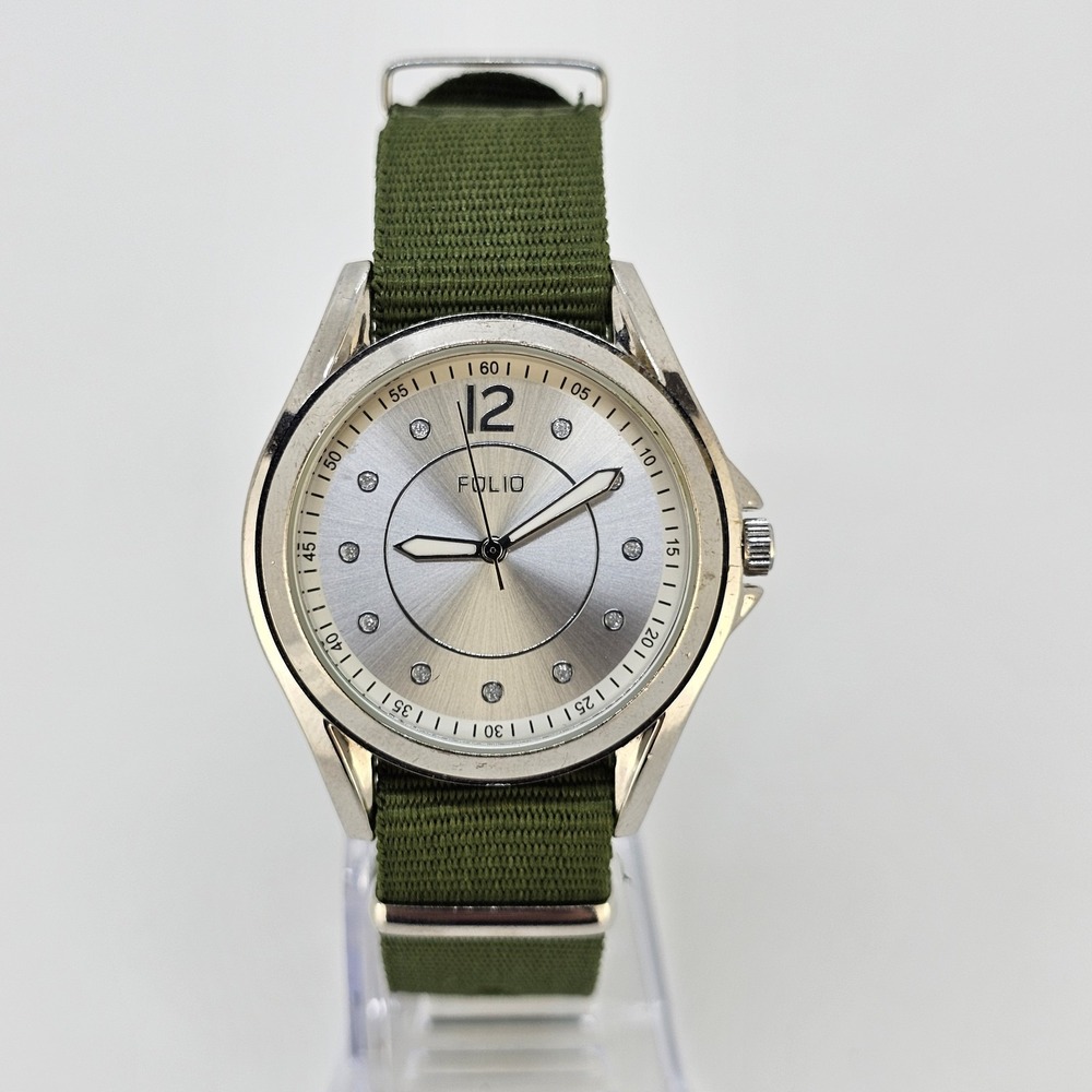Folio Men's Analog Watch 38MM Gray Dial NEW Army Green Canvas Band NEW Battery
